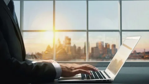 View of Sydney Australia .Close up hand Businessman using laptop Stock Footage 84042886