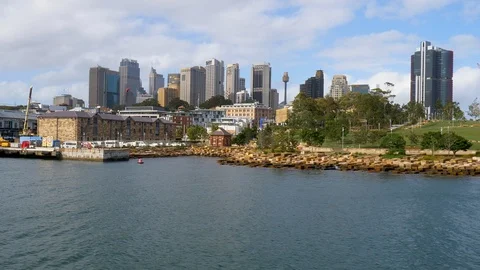 View of Sydney city centre from fast ferry to circular quay Stock Footage 90071103