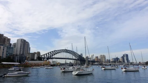 View of Sydney Harbour Bridge from jetty at Lavender Bay. Stock Footage 126026475
