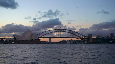 View of Sydney Harbour at sunset Stock Footage 80582649