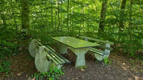 View of the the table and two benches made of concrete and metal in the German Stock Photos