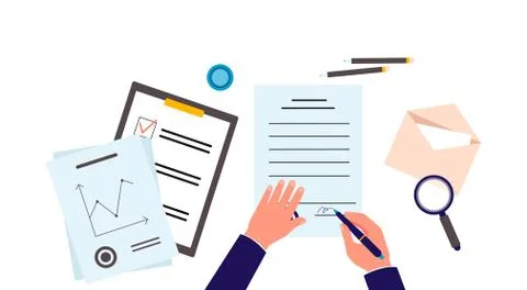View of table with hands signing contract, flat vector illustration isolated. Illustrazione stock