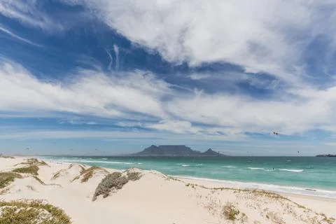 View of Table Mountain from Blouberg in Cape Town Stock Photos