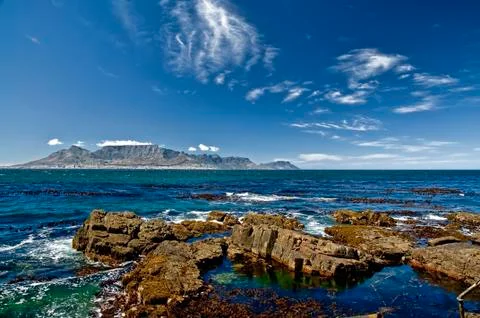 A view of the Table Mountain in Capetown from Robben Island. Stock Photos