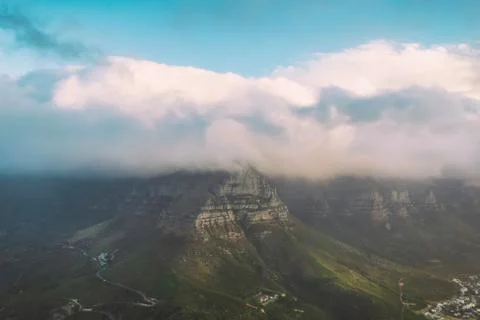 View of Table Mountain covered with clouds from Lion's head Stock Photos