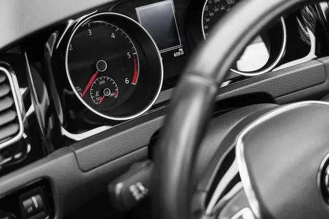 View of tachometer on dashboard in modern car, closeup Stock Photos