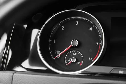 View of tachometer on dashboard in modern car, closeup Stock Photos