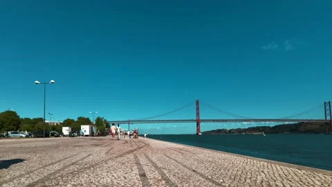 View of the Tagus River and the April 25 Bridge (Lisbon, Portugal) Stock Footage 209156487