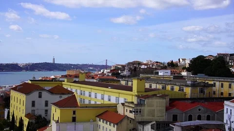 View of the Tagus River with April 25th bridge from National Pantheon Stock Footage 246140647
