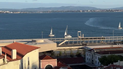 View of the Tagus River at sunset, Lisbon, Portugal Video stock 250881667