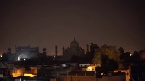 View of Taj Mahal, Agra skyline, nighttime, India Stock Footage 72337190