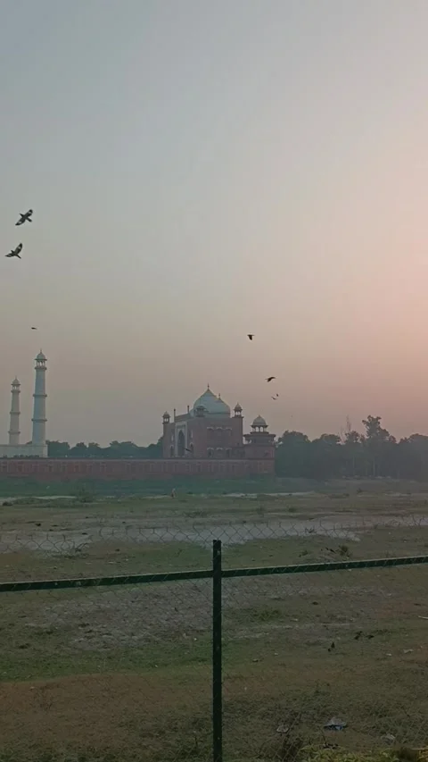 View of the Taj Mahal during the sunset hour from Taj View Point ADA Stock Footage 297766000
