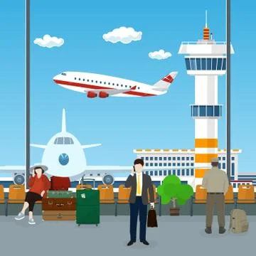 View on a Take-off Airplane and Control Tower Stock Illustration