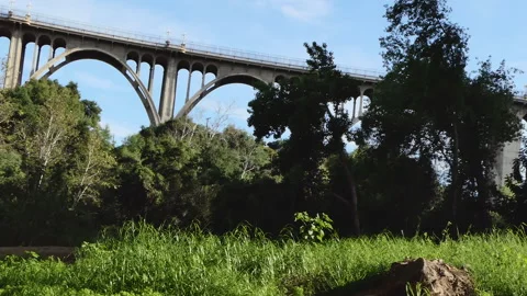 View Of Tall Narrow Concrete Arch Bridge Video stock 246770373
