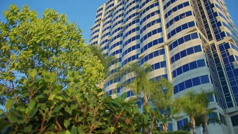 A view of tall office building dominating the street. Hi-rise building Stock Footage 281879600