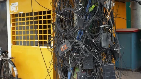 View of tangled electrical wires in Dhaka, Bangladesh. Stock Footage 335556982
