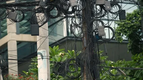 View of tangled electrical wires on a utility pole, Bangladesh. Video stock 335556922