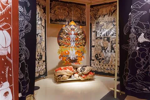 A view of the tapestry with various patterns and drawings Stock Photos
