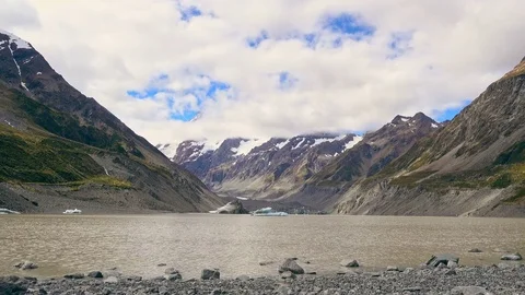 View of Tasman River at Aoraki Mount Cook National Park Stock Footage 79342738