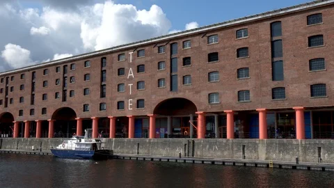 View of the Tate Museum at the Royal Albert Docks docks in Liverpool Stock Footage 118281180