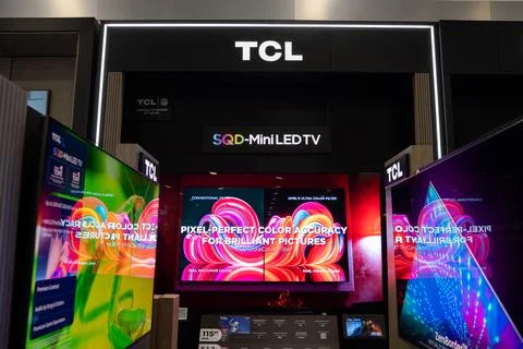 View of TCL Mini LED television display inside electronics store. Toronto, Stock Photos
