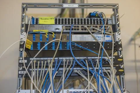 View of technical  computer room with all cable connections. Stock Photos