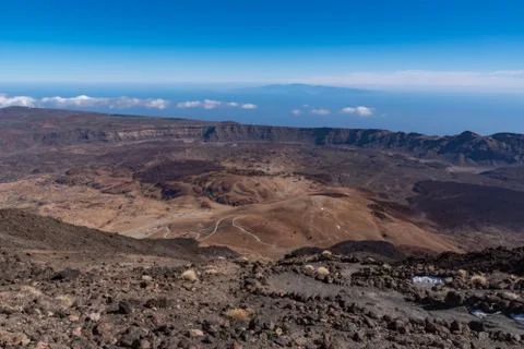 View from Teide ?? Las Canadas Caldera volcano with solidified lava and Monta Stock Photos