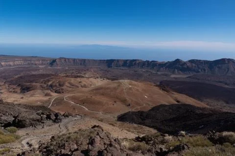 View from Teide ?? Las Canadas Caldera volcano with solidified lava and Monta Stock Photos