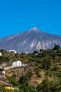 View of the Teide volcano from Icod de los Vinos on a sunny day with blue sky Stock Photos