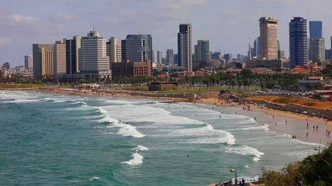 View on Tel Aviv beach and business financial center from Old Jaffa Port. Stock Footage 81882283