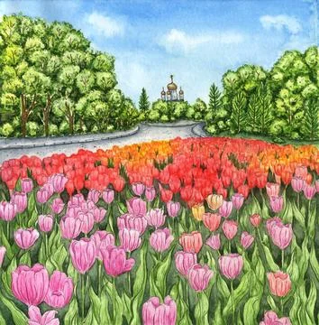 View of the temple with a green forest, in the foreground there are tulips in Stock Illustration