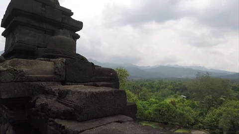 View from Temple Terrace Wall, Stupa, Forest, Borobudur, Java, Indonesia Stock Footage 244900627