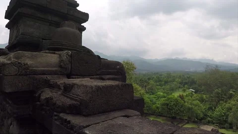 View from Temple Terrace Wall, Stupa, Forest, Borobudur, Java, Indonesia Stock Footage 244900646