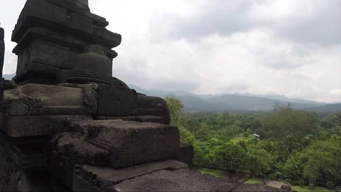 View from Temple Terrace Wall, Stupa, Forest, Borobudur, Java, Indonesia Stock Footage 244900669