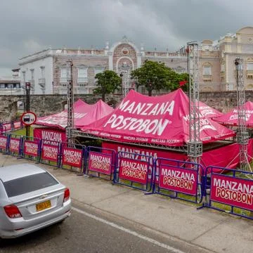 A view of a tent in front of the wall that surrounds the old town of Cartagen Foto stock