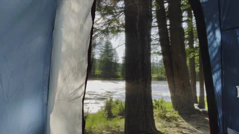 View from the tent to the mountain river in a beautiful place for camping Stock-Footage 249448336
