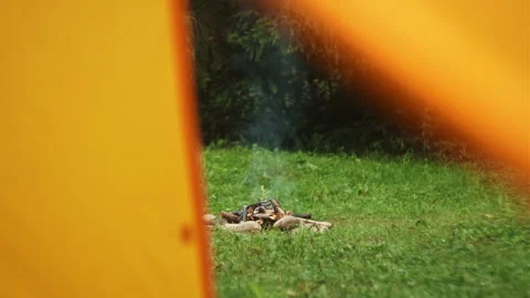 View from tent on warm campfire in evening. Fire burning near forest in twilight Stock Footage 247321783