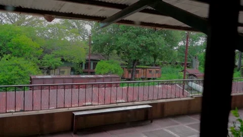 View from a Terrace to Abandoned Train Carriages Stock Footage 293387284