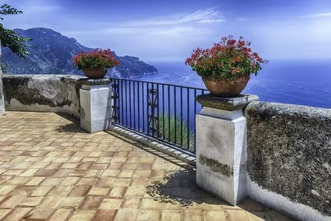 View of Terrace of Infinity, scenic belvedere in Ravello, Italy Stock Photos