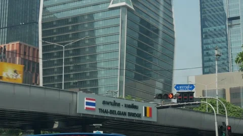 View to thai belgian bridge road street intersection crossing among skyscra.. Stock Footage 286313968