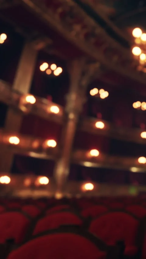 View of theater seating and stage lights before performance starts Stock Footage 338381772