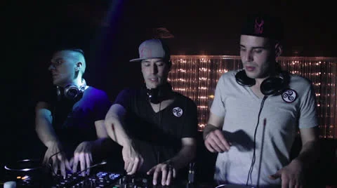 View of three djs while mixing for a disco party 스톡 동영상 24673206