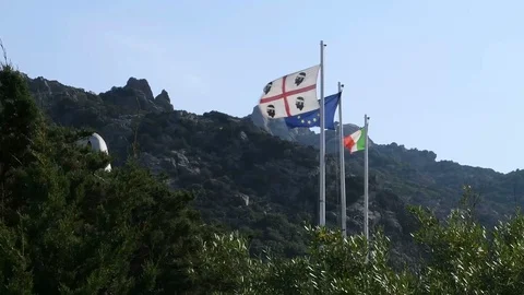 A view of three flags in the wind: Sardinia, Europe and Italy. 库存影片 108760847