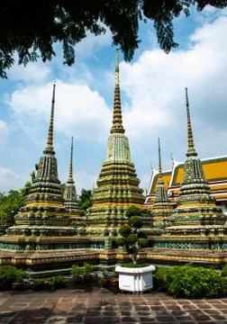 View of three pagodas from the Emerald Buddha temple in Bangkok Stock Photos