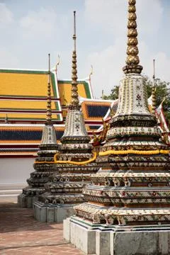 View of three pagodas from the Emerald Buddha temple in Bangkok Stock Photos