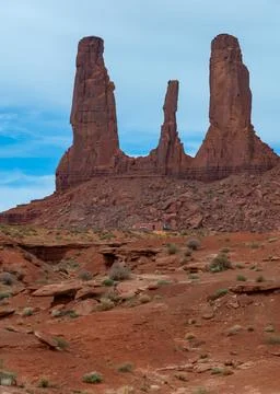 View of the Three Sisters red rocks In Monument Valley, Navajo Nation,  Ari.. Stock Photos
