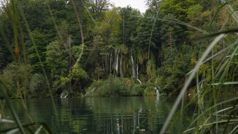 View throug grass on waterfall stream. Plitvice Lake among green forest, Croatia Stock Footage 126242031
