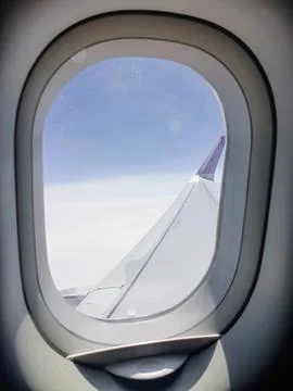View through an airplane window featuring the aircraft wing stretching above a s Фото