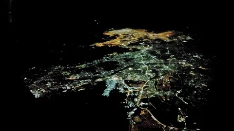 View through airplane window, night city lights from height of flight in sky Stock-Footage 305837272