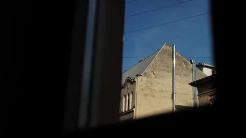 View through the apartment window on the wall of a neighboring old brick buildin Stock Footage 272294571